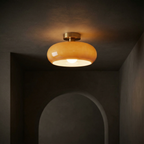 Flush mount ceiling light with vintage amber glass shade and brass canopy, E27 pendant