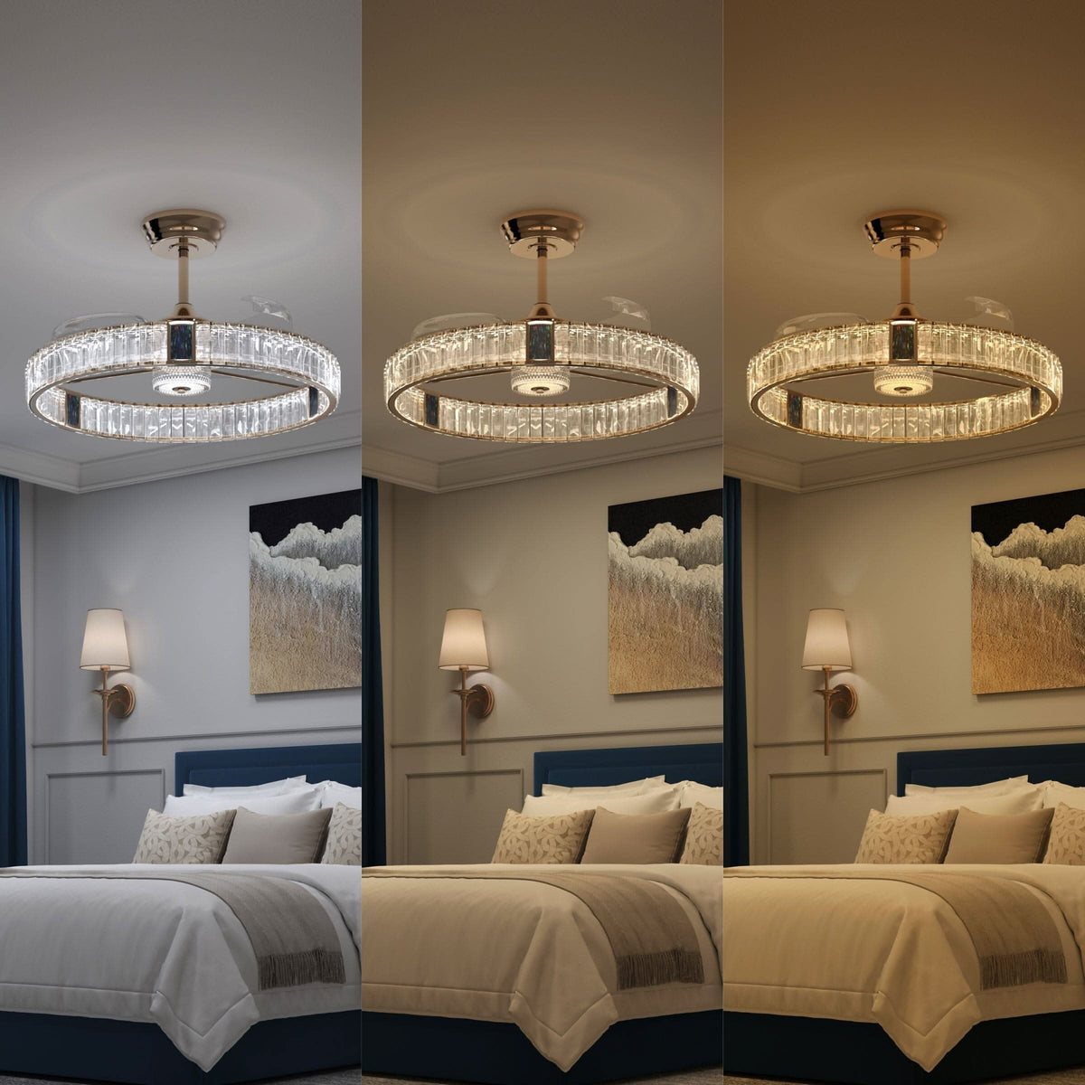 DC ceiling fan with LED light, gold crystal chandelier design, 60cm, 6 speeds with remote control
