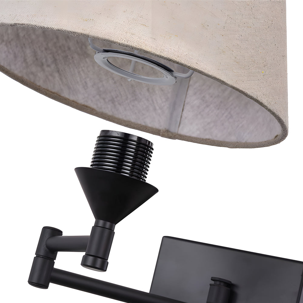 Plug-in swing arm wall lamp with linen shade and black iron frame, warm white E26 LED
