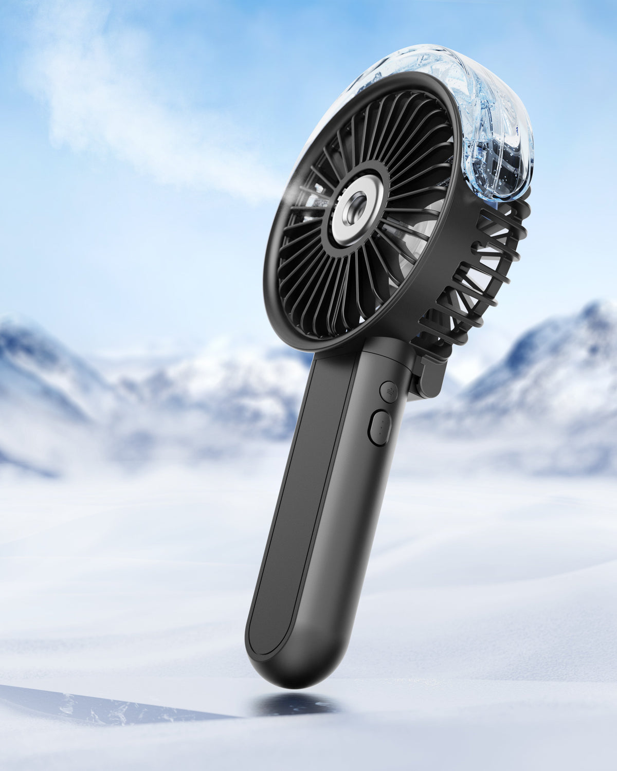 Outdoor misting fan portable foldable 180° handheld with nano-mist spray and 3 speeds