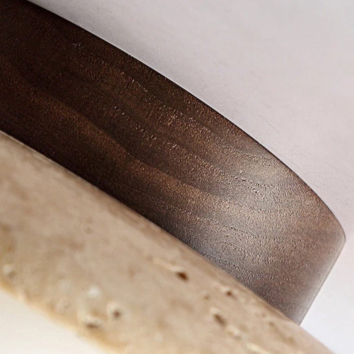 Semi-flush ceiling light with travertine and wood finish, warm white LED glow, modern low-profile design