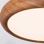 Flush mount ceiling light with walnut wood grain and white iron frame, slim modern profile