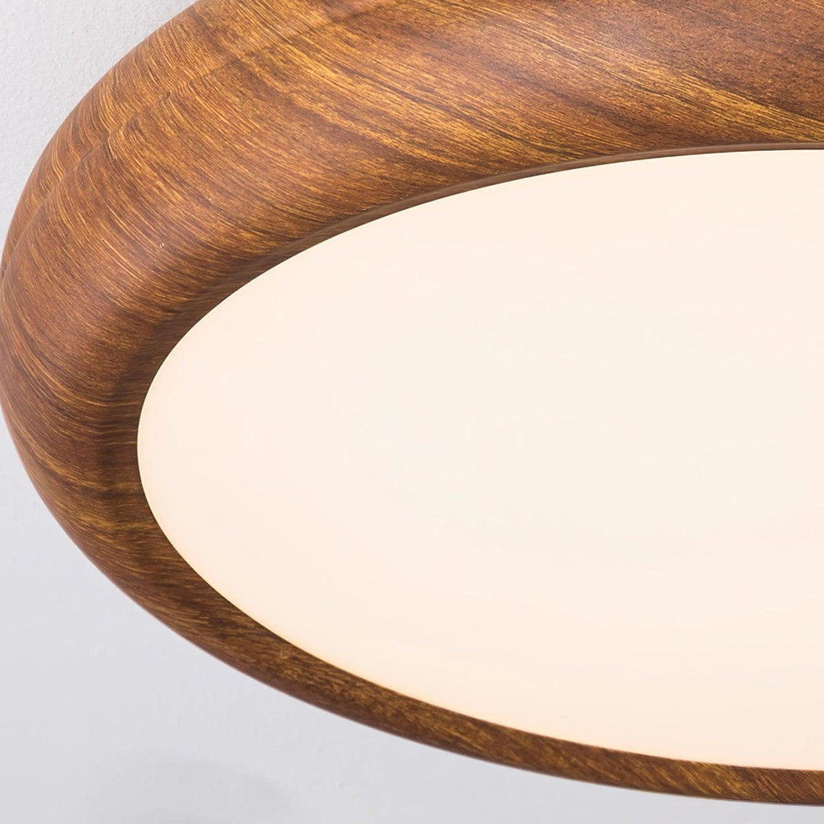 Flush mount ceiling light with walnut wood grain and white iron frame, slim modern profile
