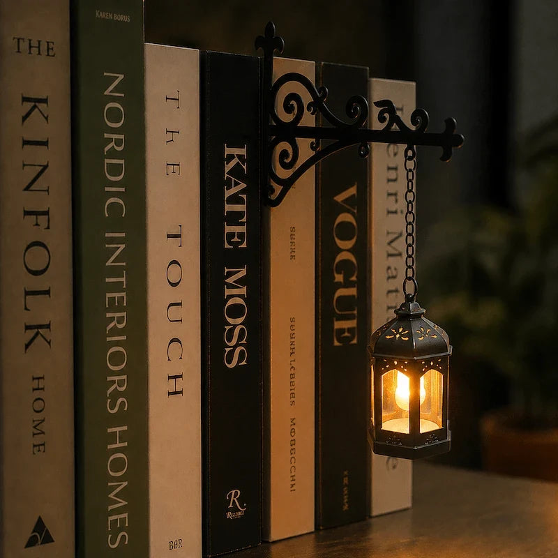 Bookshelf light with decorative mini pendant and wrought iron bracket, warm white cordless