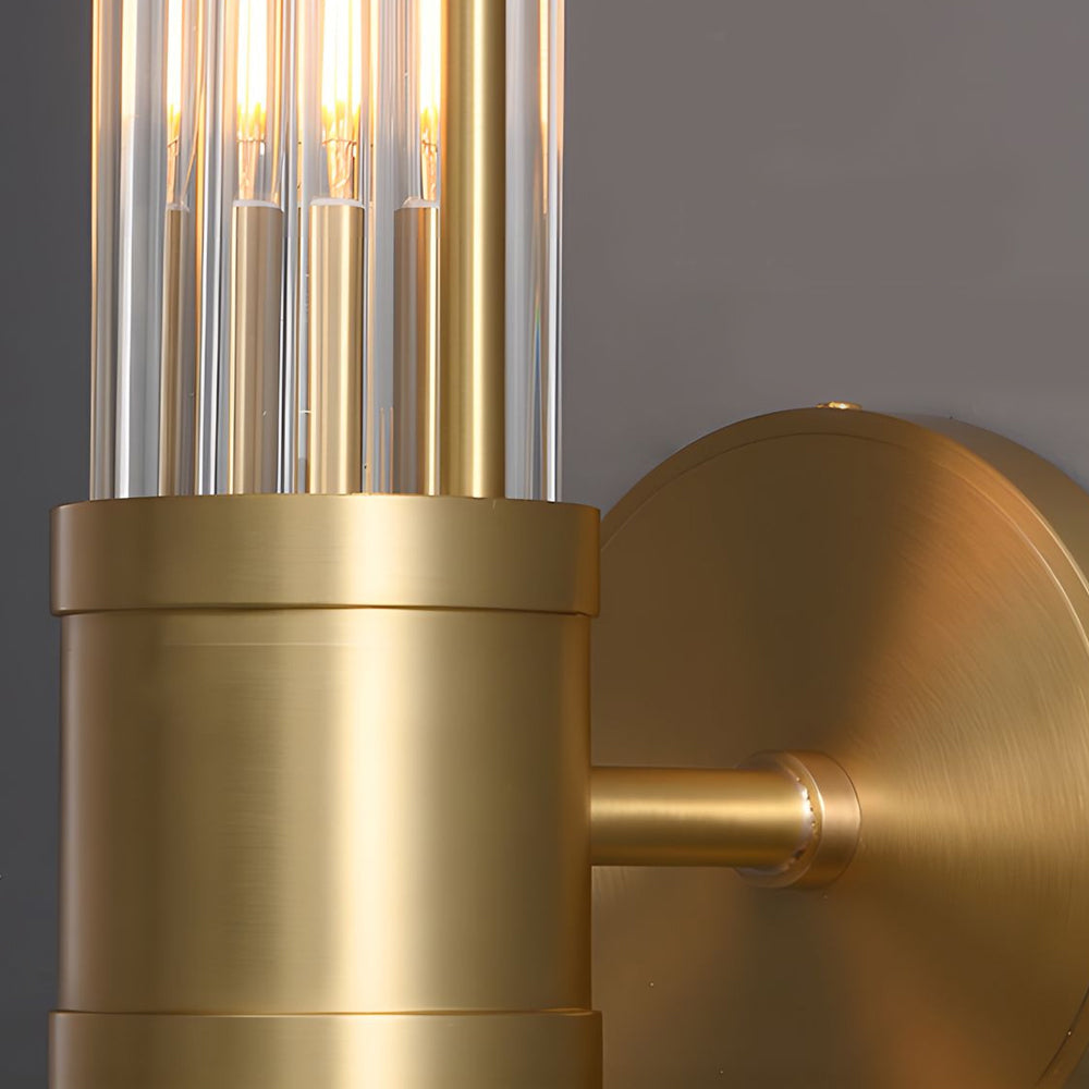 Modern wall lamp with cylindrical ribbed clear glass shade in chrome and gold finish, 1 or 2 light