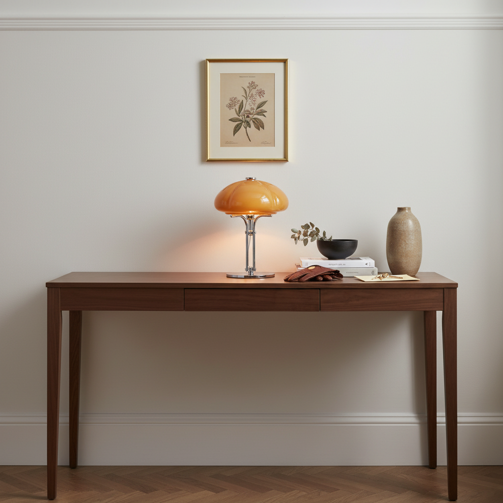 Mushroom table lamp with warm amber glow, cast iron frame and hand-blown glass shade