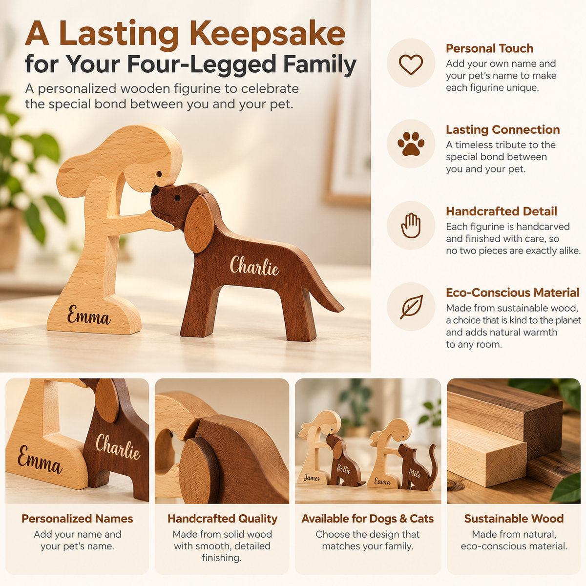 Wooden Pet Figurine | Personalized Dog or Cat Gift, Solid Wood