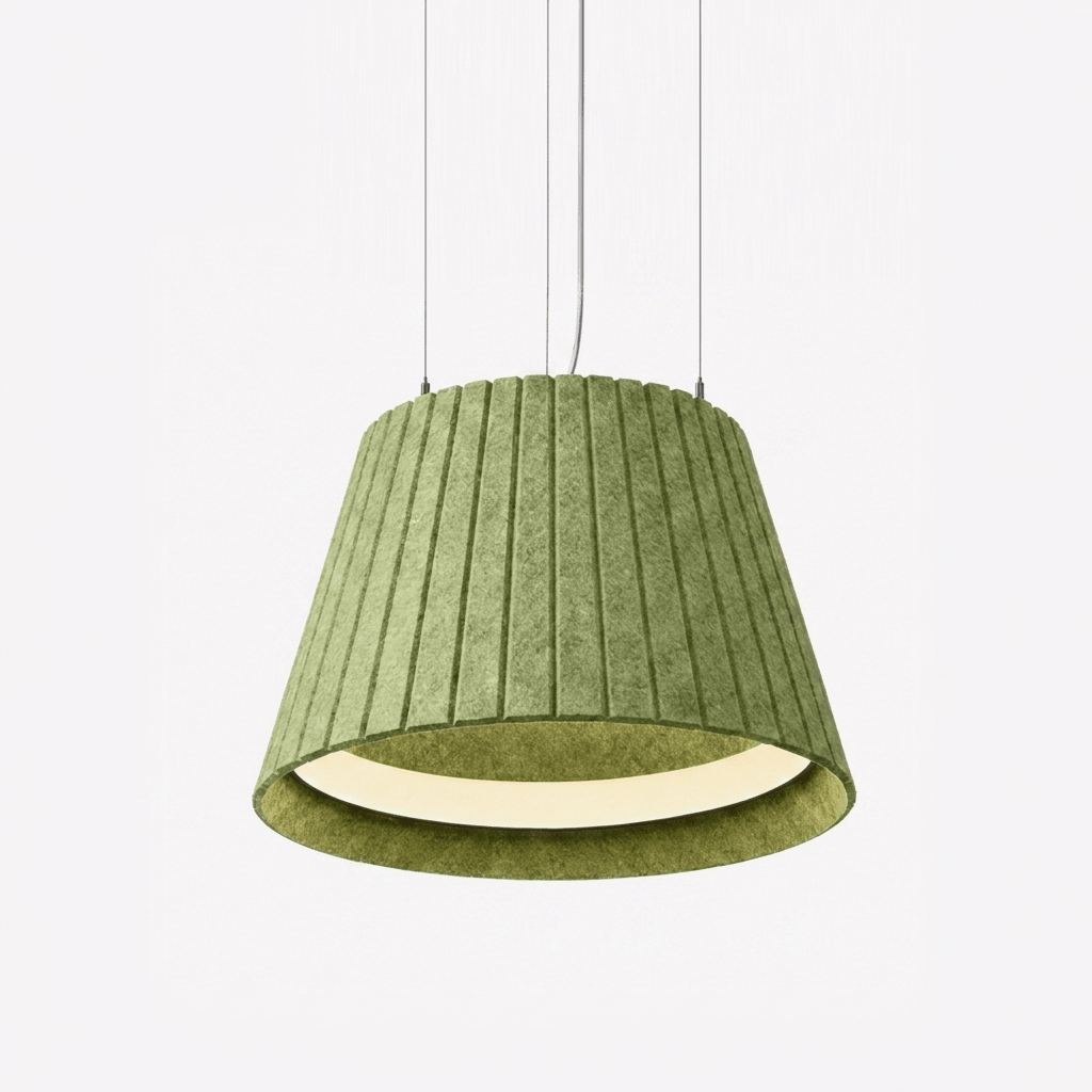 Acoustic pendant light with sound-absorbing felt shade and integrated 4000K LED