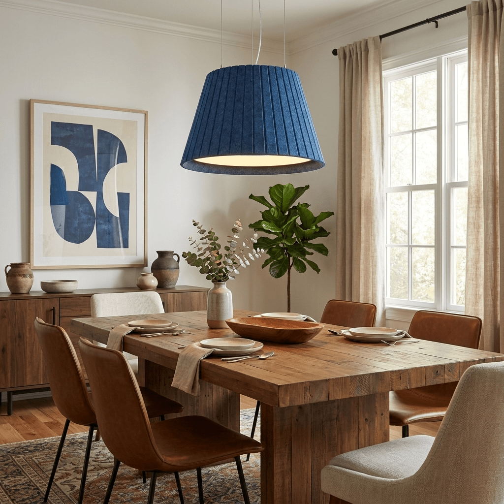 Acoustic pendant light with sound-absorbing felt shade and integrated 4000K LED