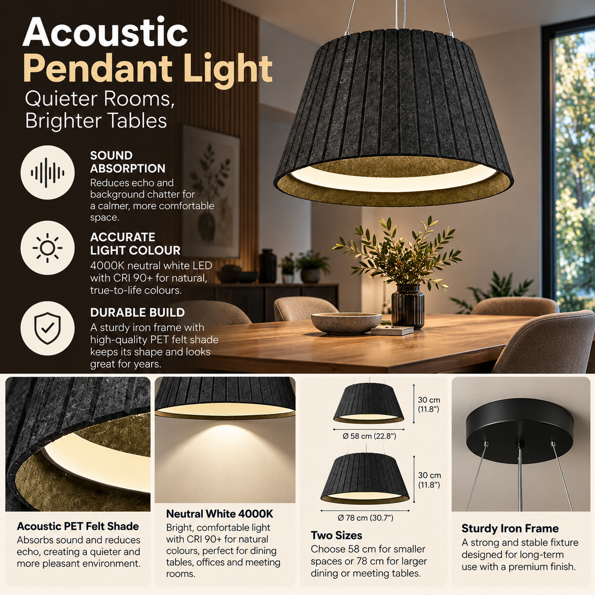 Acoustic Pendant Light | Sound Absorbing LED, Felt Shade
