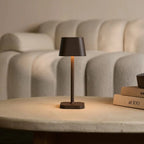 Rechargeable table lamp brown metal, cordless and dimmable oval design