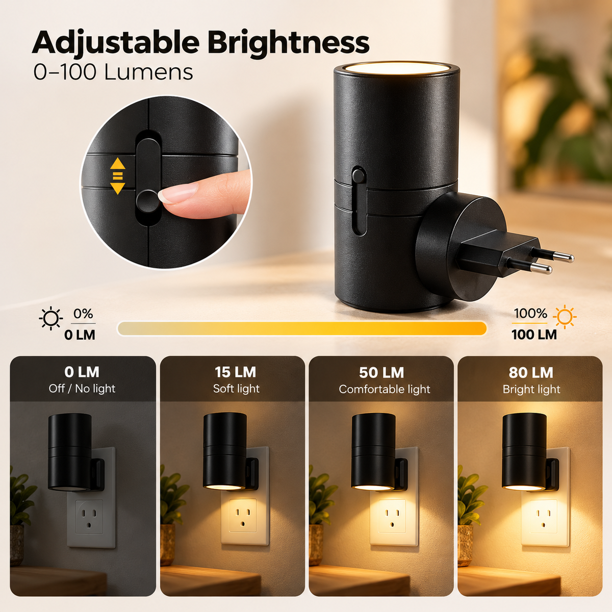 LED Plug-In Wall Lamp | Black, Dimmable, Light Sensor