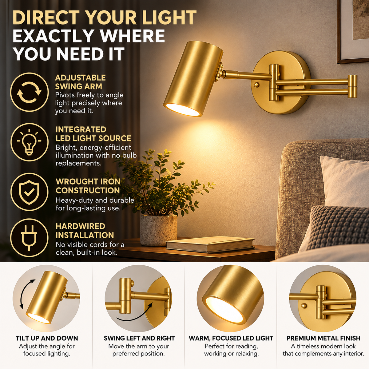 Swing Arm LED Wall Sconce | Adjustable 1-Light, Wrought Iron | Modern