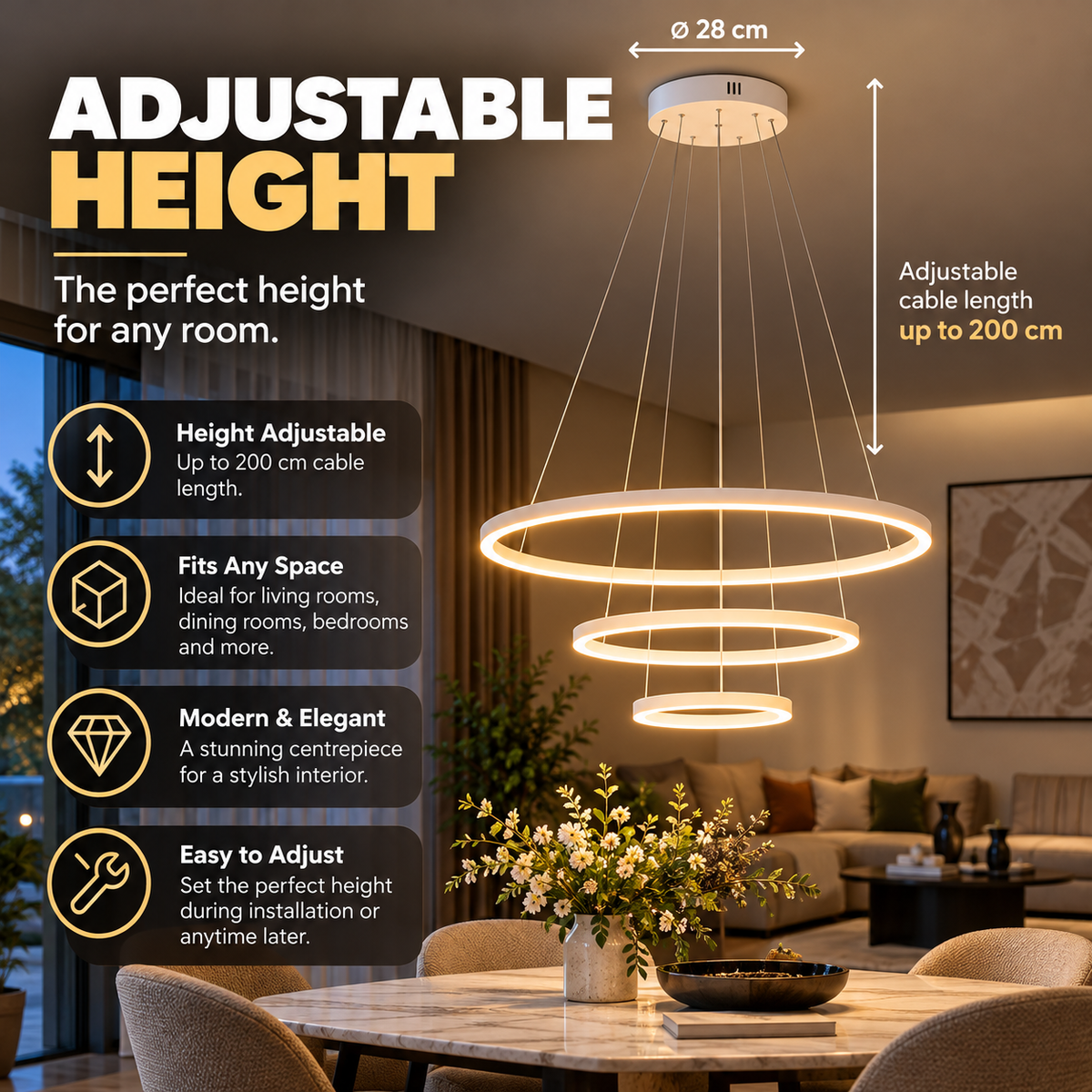 Pendant Light | 3-Ring Floating Design, LED, Black & White