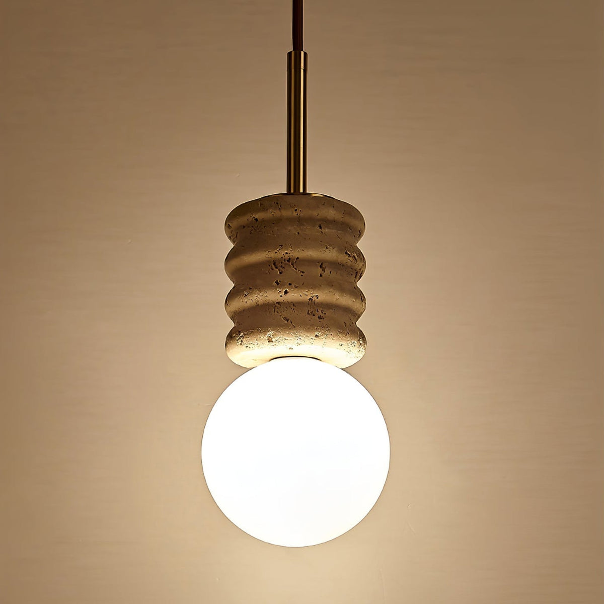 Pendant light yellow travertine with white glass shade, G9 bulb base