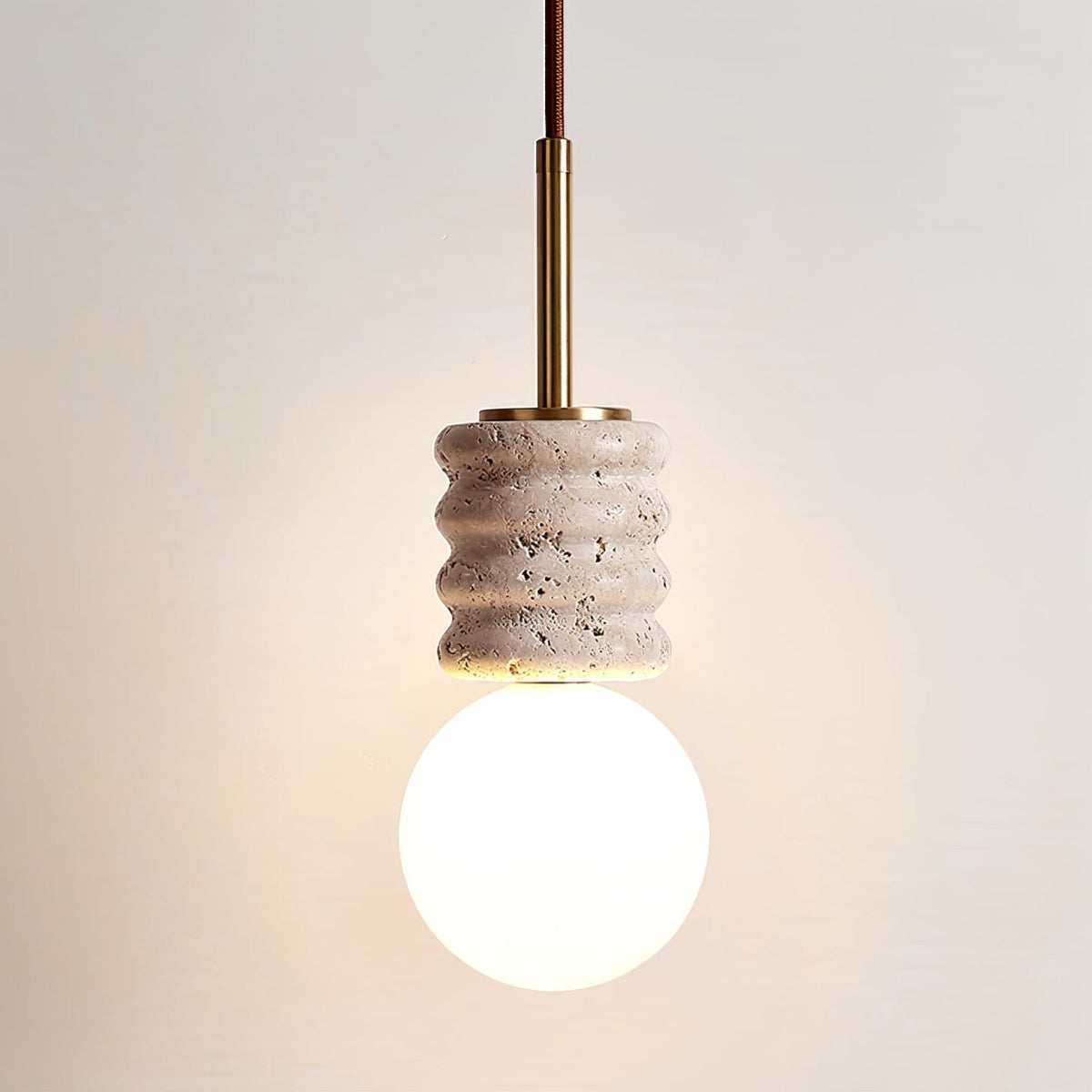 Pendant light yellow travertine with white glass shade, G9 bulb base