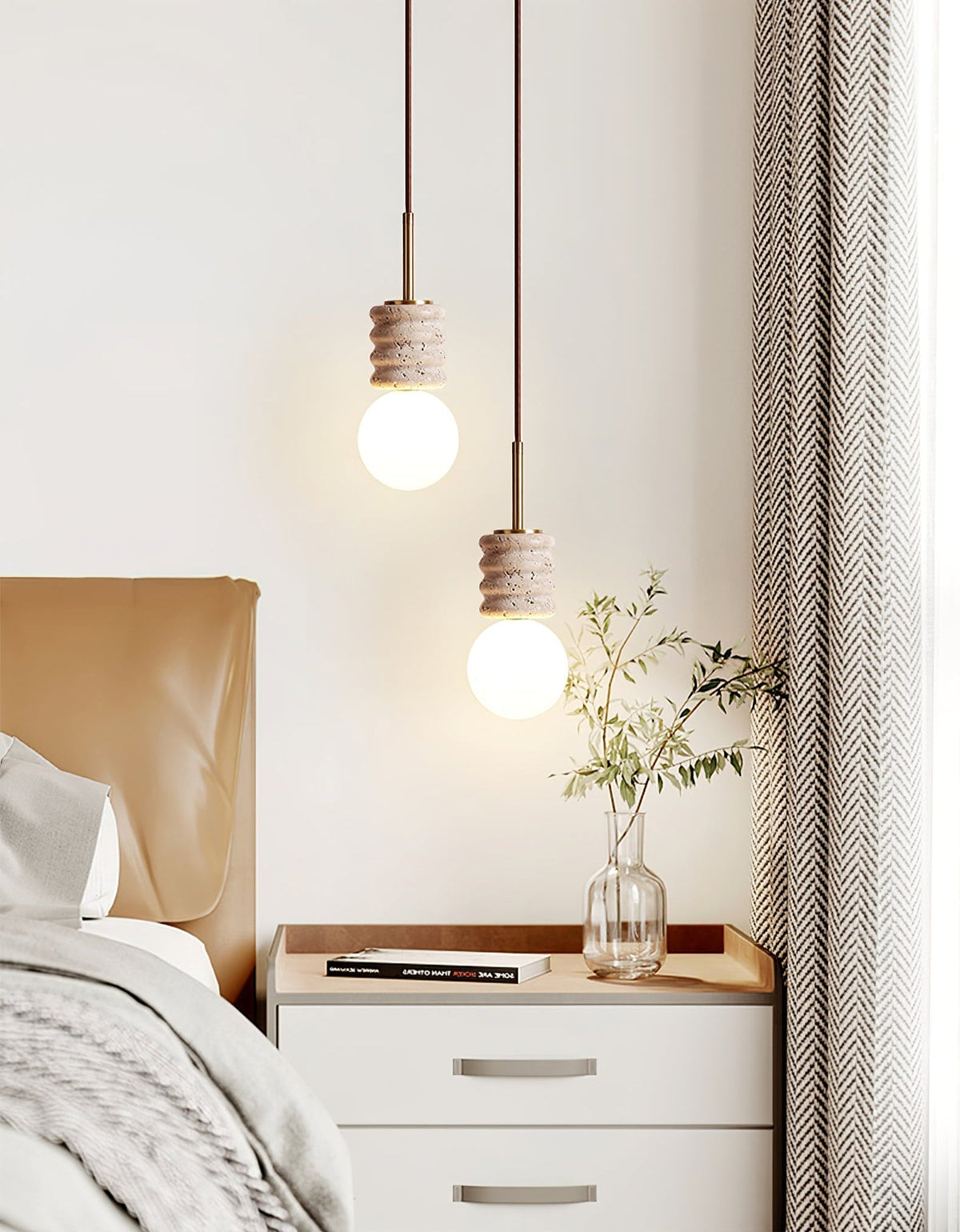 Pendant light yellow travertine with white glass shade, G9 bulb base