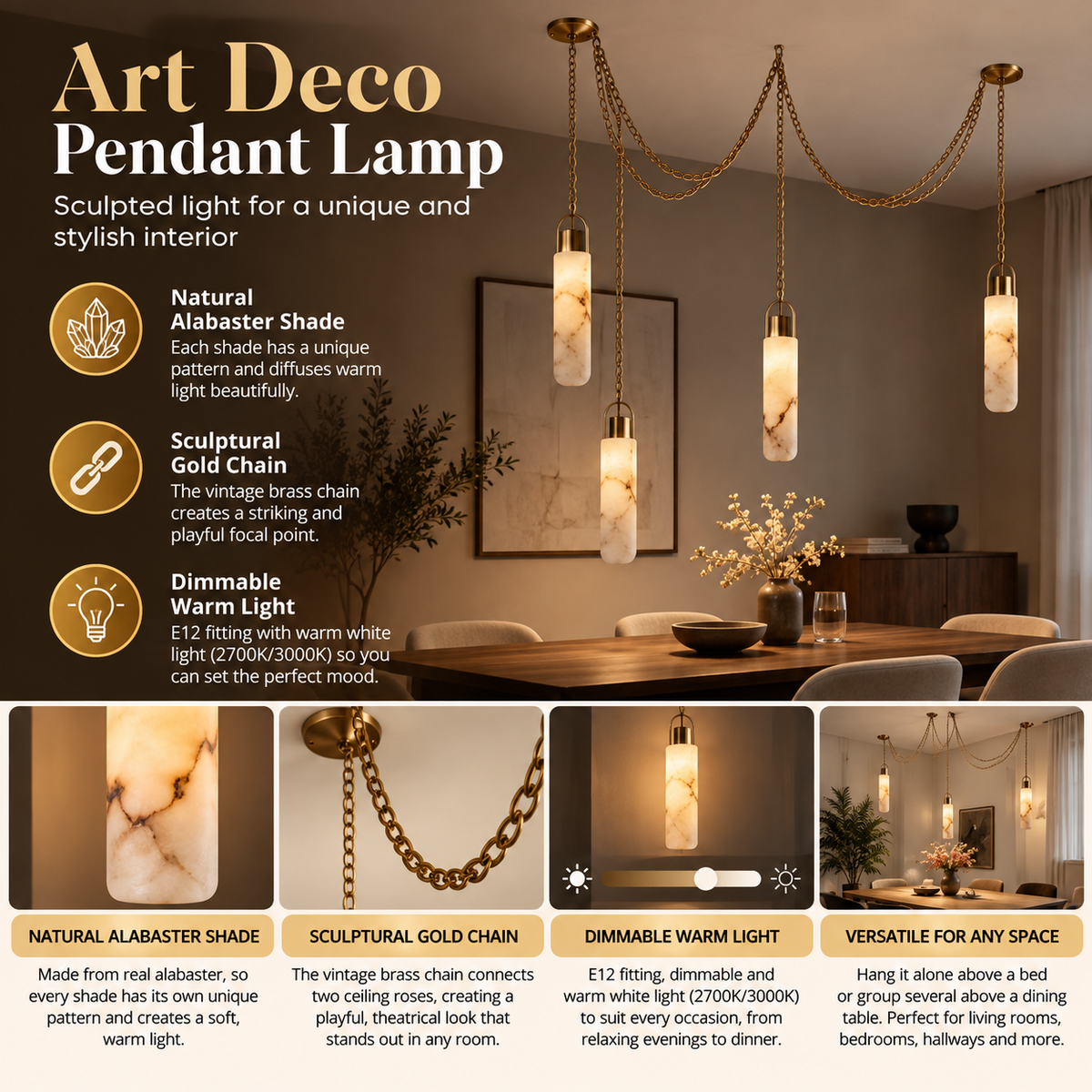 Art Deco Pendant Lamp | Alabaster Shade, Gold Chain, Dimmable