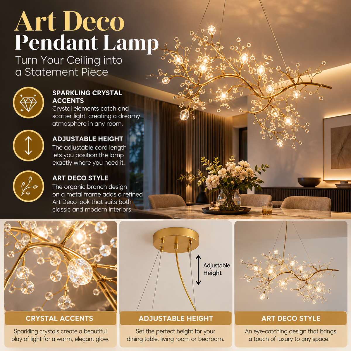 Art Deco Pendant Lamp | Crystal Branch, Adjustable Height, G4