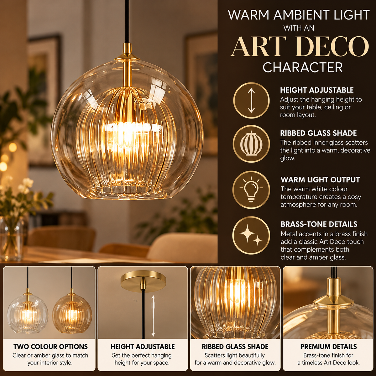 Art Deco Pendant Lamp, Glass Globe, Height Adjustable