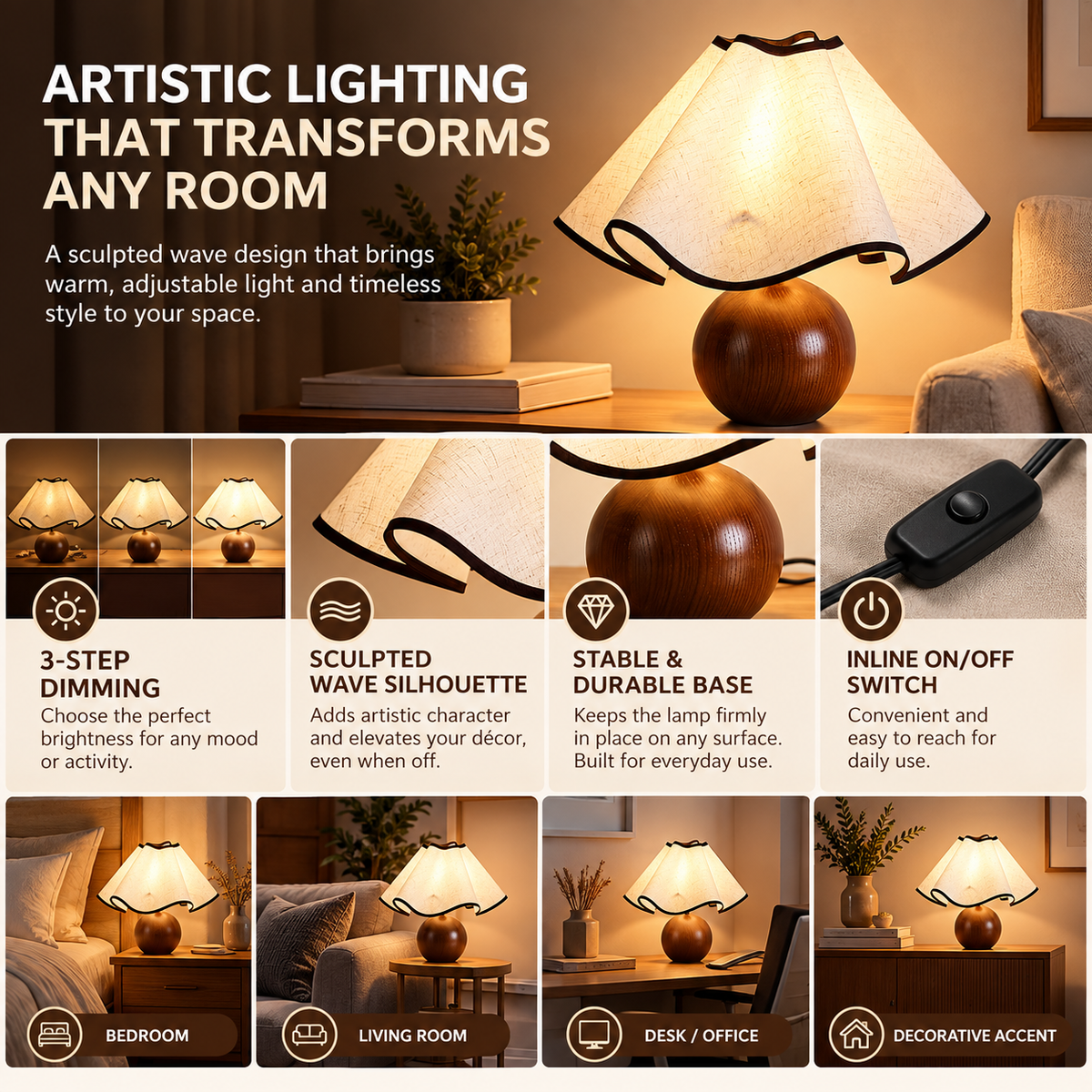 Table Lamp | 3-Step Dimming, Sculpted Wave Design | E26/E27, Indoor