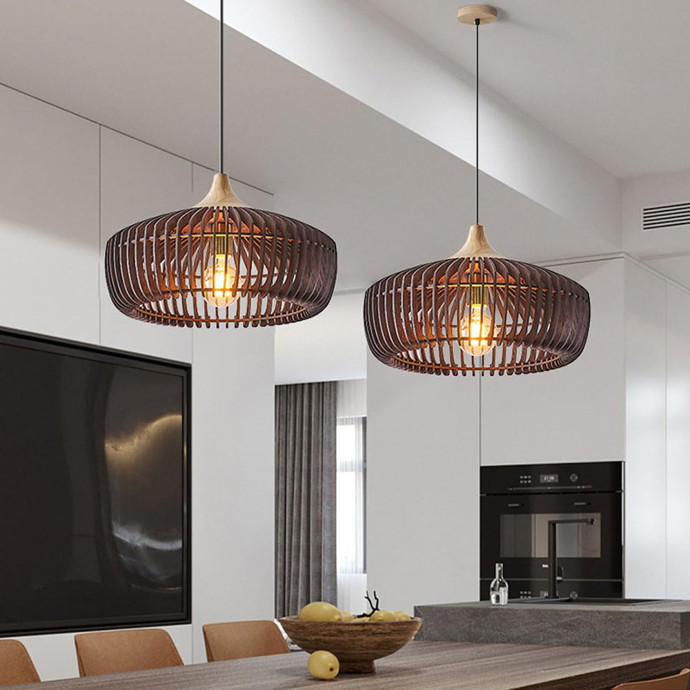 Nordic Japanese wood pendant light dome shape with strip detailing, bedroom and living room