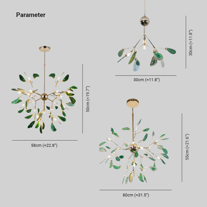 Branch-style glass chandelier with adjustable suspension and metal arms, three sizes