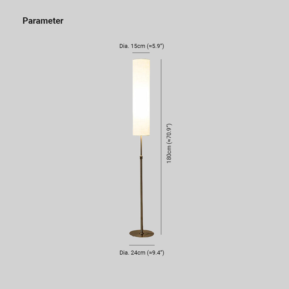 White cylindrical floor lamp 180cm with pleated fabric shade and metal base, minimalist indoor lighting
