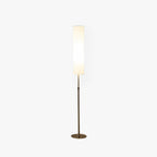 White cylindrical floor lamp 180cm with pleated fabric shade and metal base, minimalist indoor lighting