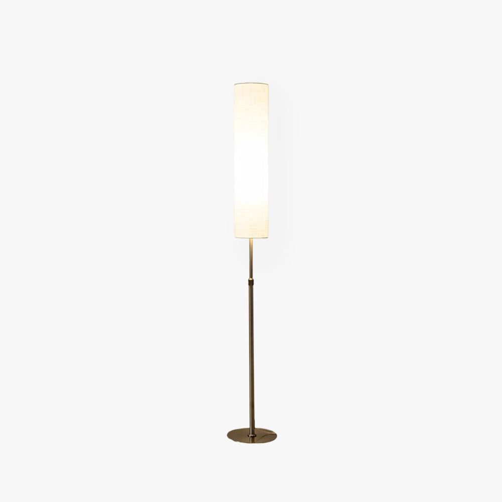 White cylindrical floor lamp 180cm with pleated fabric shade and metal base, minimalist indoor lighting