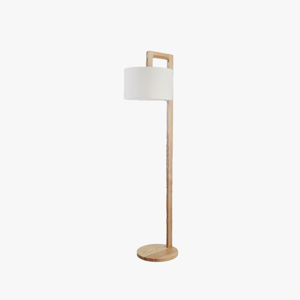 Japanese right angle arm floor lamp in beige, wood and fabric shade, 155cm height