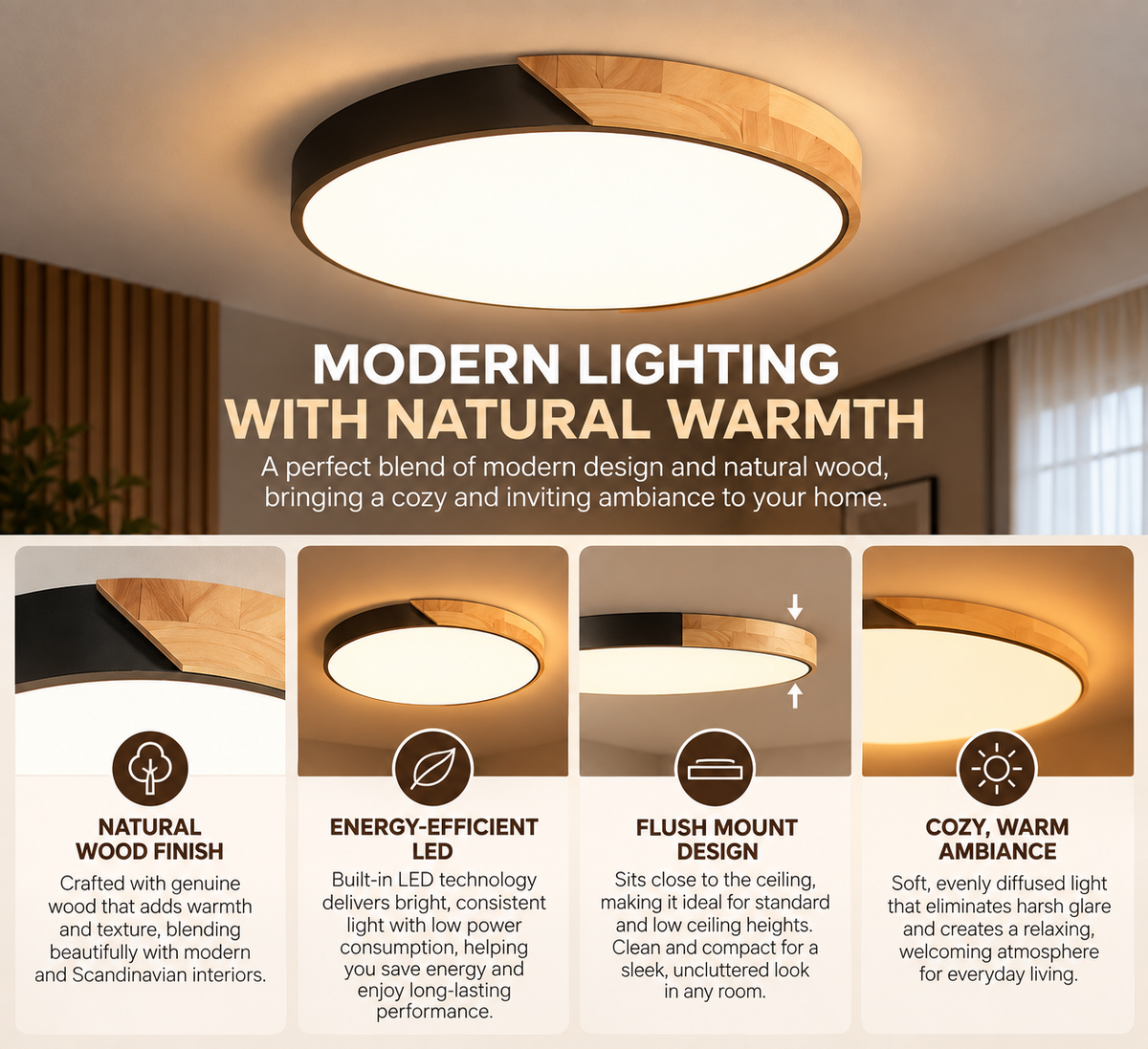LED Ceiling Light | Scandinavian Wooden Flush Mount | Modern, Cozy Ambiance