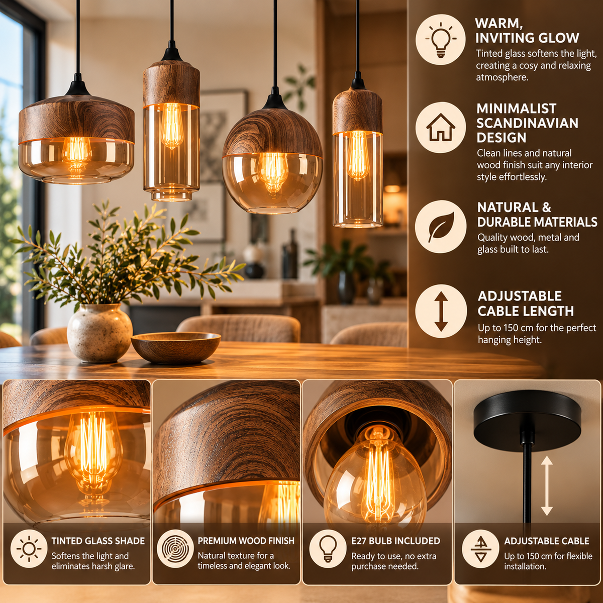 Cleo | Lampa wisząca w stylu skandynawskim | Minimalistyczna, z regulacją wysokości | Drewno i szkło