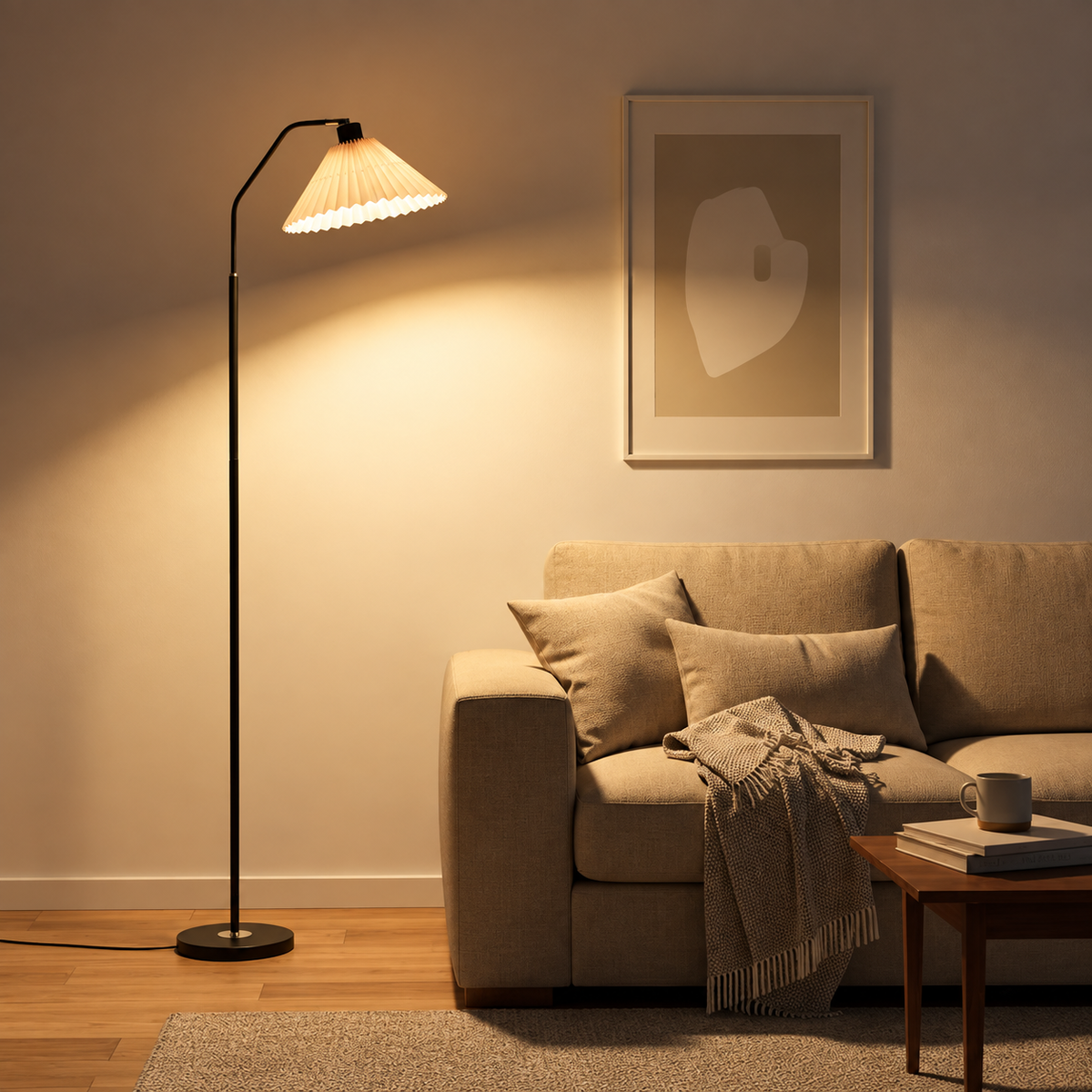 Floor Lamp | Pleated Fabric Shade, Minimalist Standing Lamp | Living Room, Bedroom
