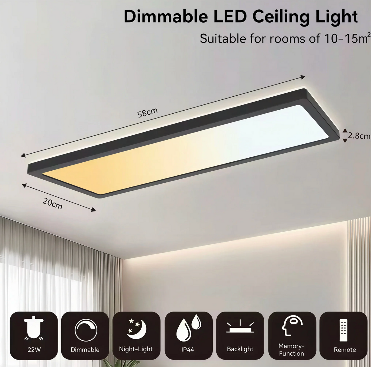 Black LED ceiling light IP44 dimmable 58cm for bathrooms