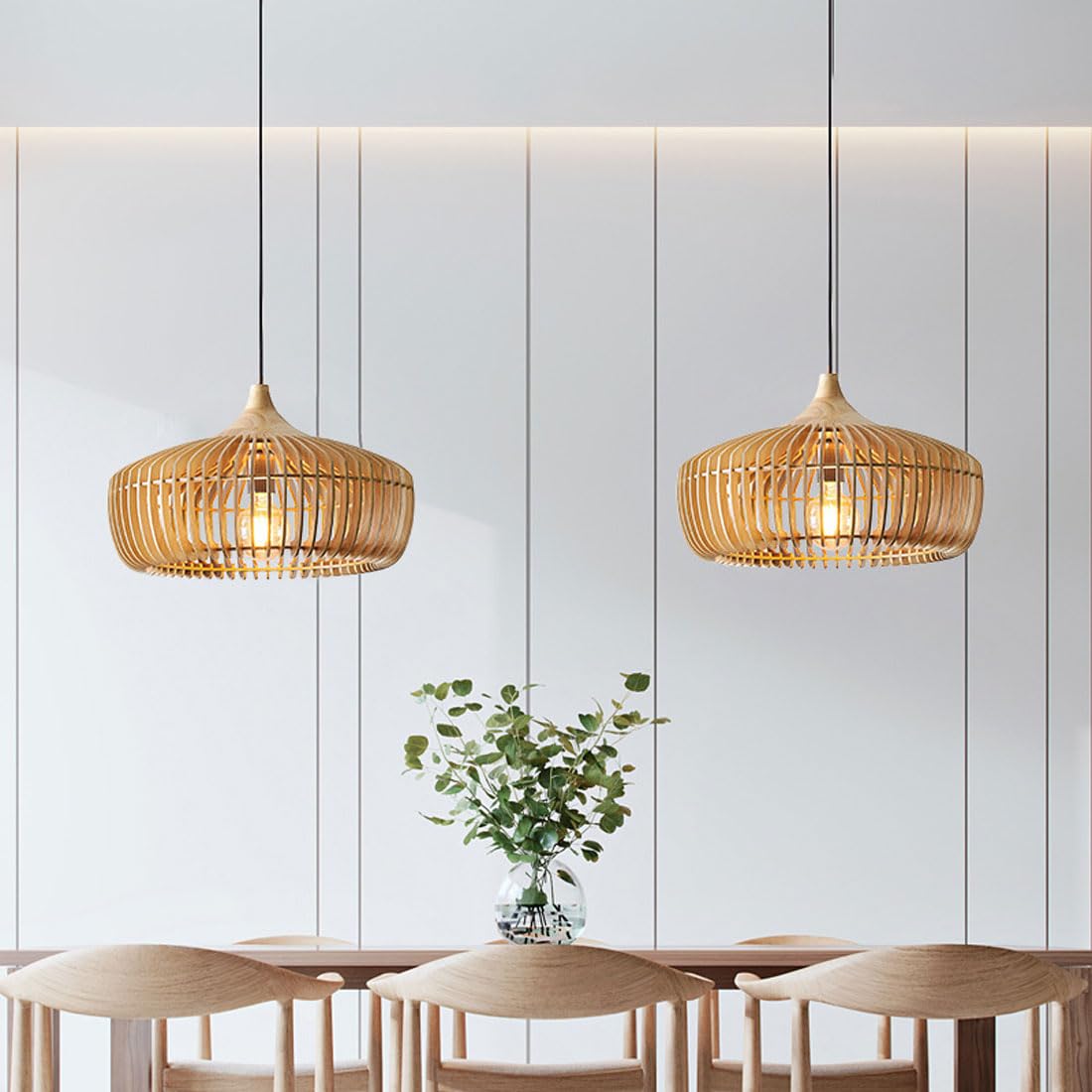 Nordic Japanese wood pendant light dome shape with strip detailing, bedroom and living room