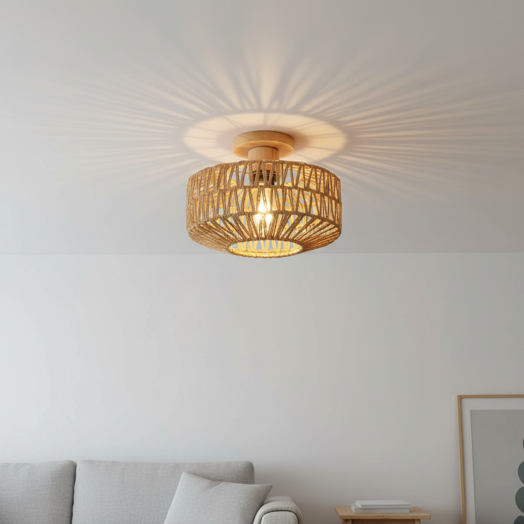 Rattan ceiling light boho vintage 20cm with E27 LED included, hand-woven natural shade