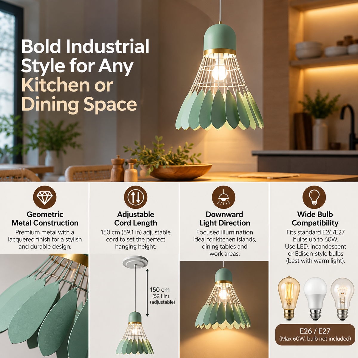 Industrial Pendant Light | Single Bulb, Metal, Geometric