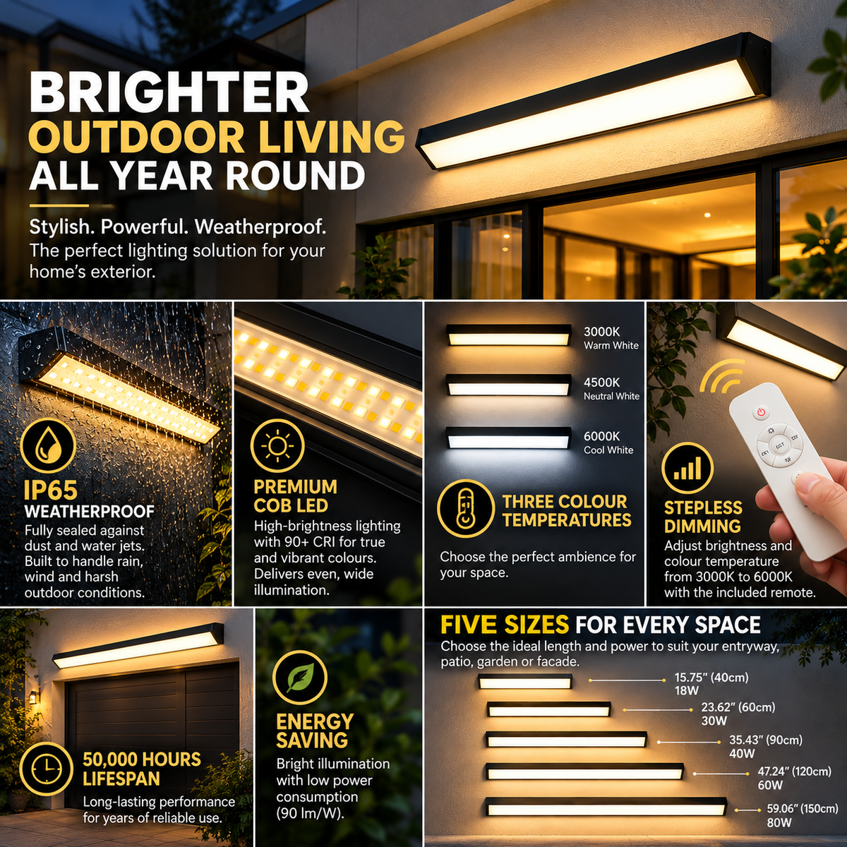 Linear Outdoor Wall Light | Black LED Strip, IP65 Waterproof | 5 Sizes