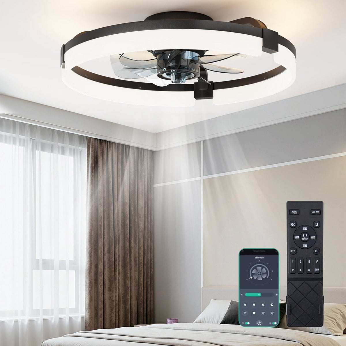 DC ceiling fan with LED light, dimmable, 6 speeds, remote and app control
