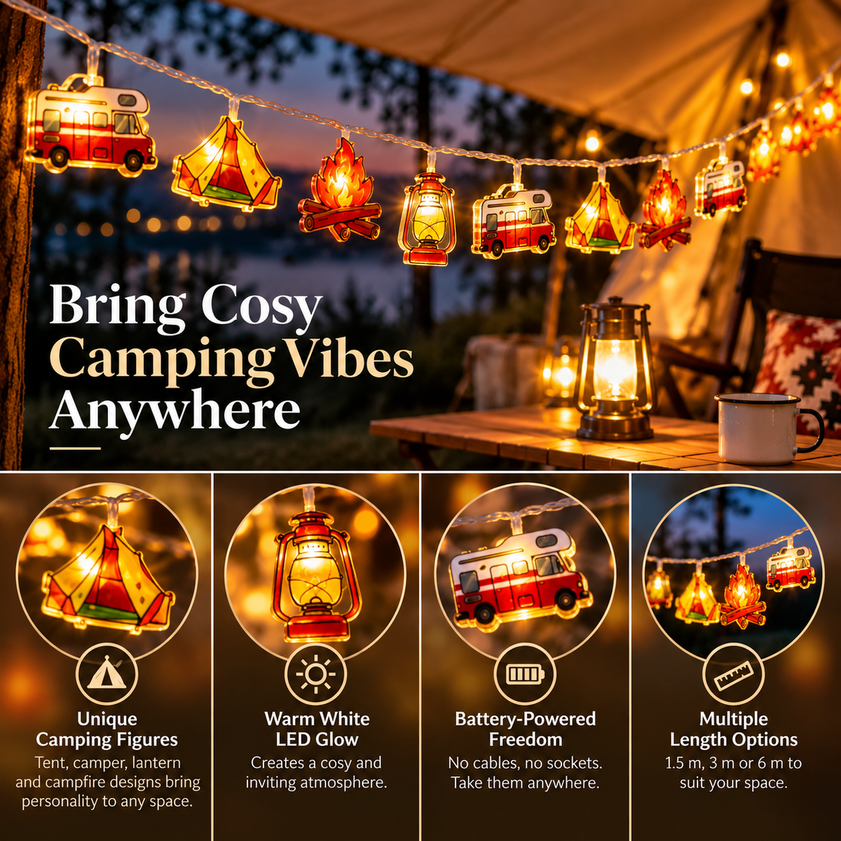 Camping String Lights | LED Tent & Camper Design, Battery Powered