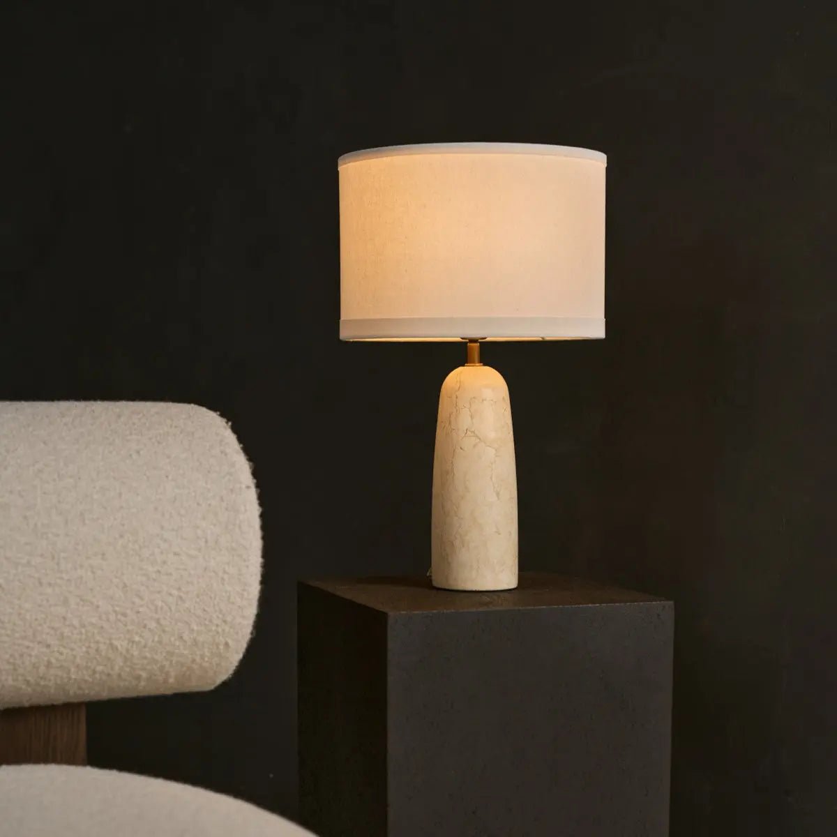 Marble table lamp with cotton shade, natural veining, 49cm height, E27 socket