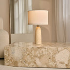 Marble table lamp with cotton shade, natural veining, 49cm height, E27 socket