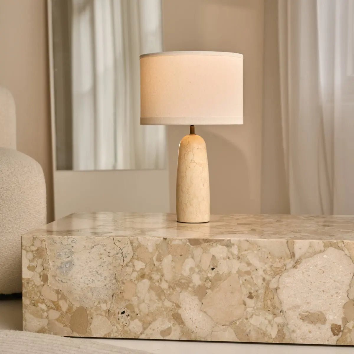 Marble table lamp with cotton shade, natural veining, 49cm height, E27 socket