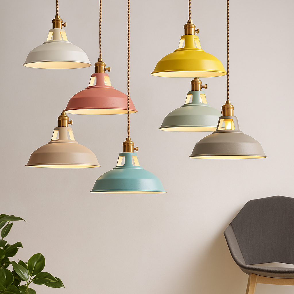 Industrial metal dome pendant light with integrated LED, 1-light, colorful matte finish
