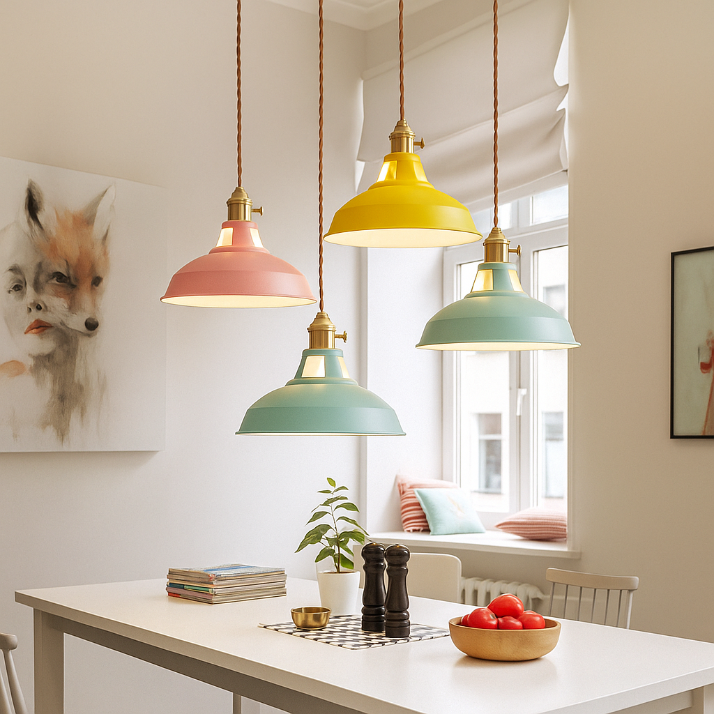 Industrial metal dome pendant light with integrated LED, 1-light, colorful matte finish