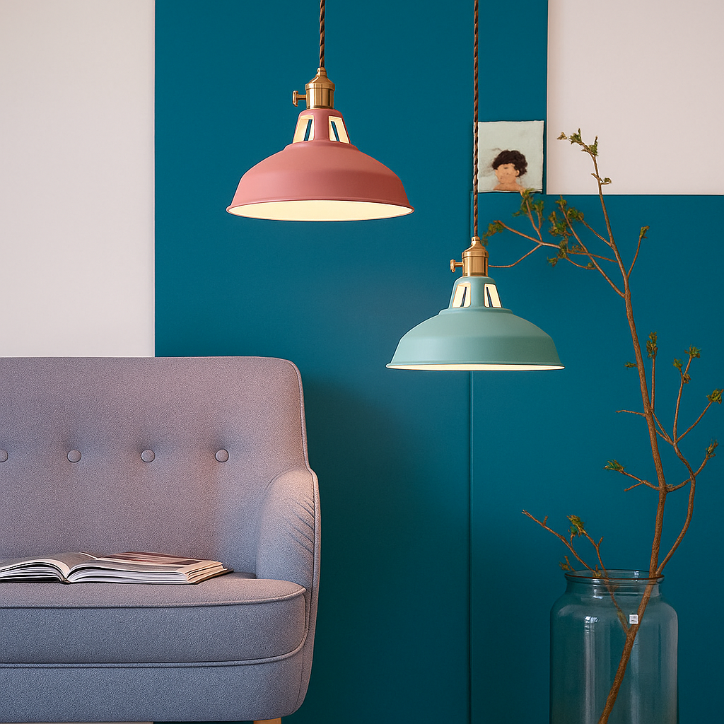 Industrial metal dome pendant light with integrated LED, 1-light, colorful matte finish