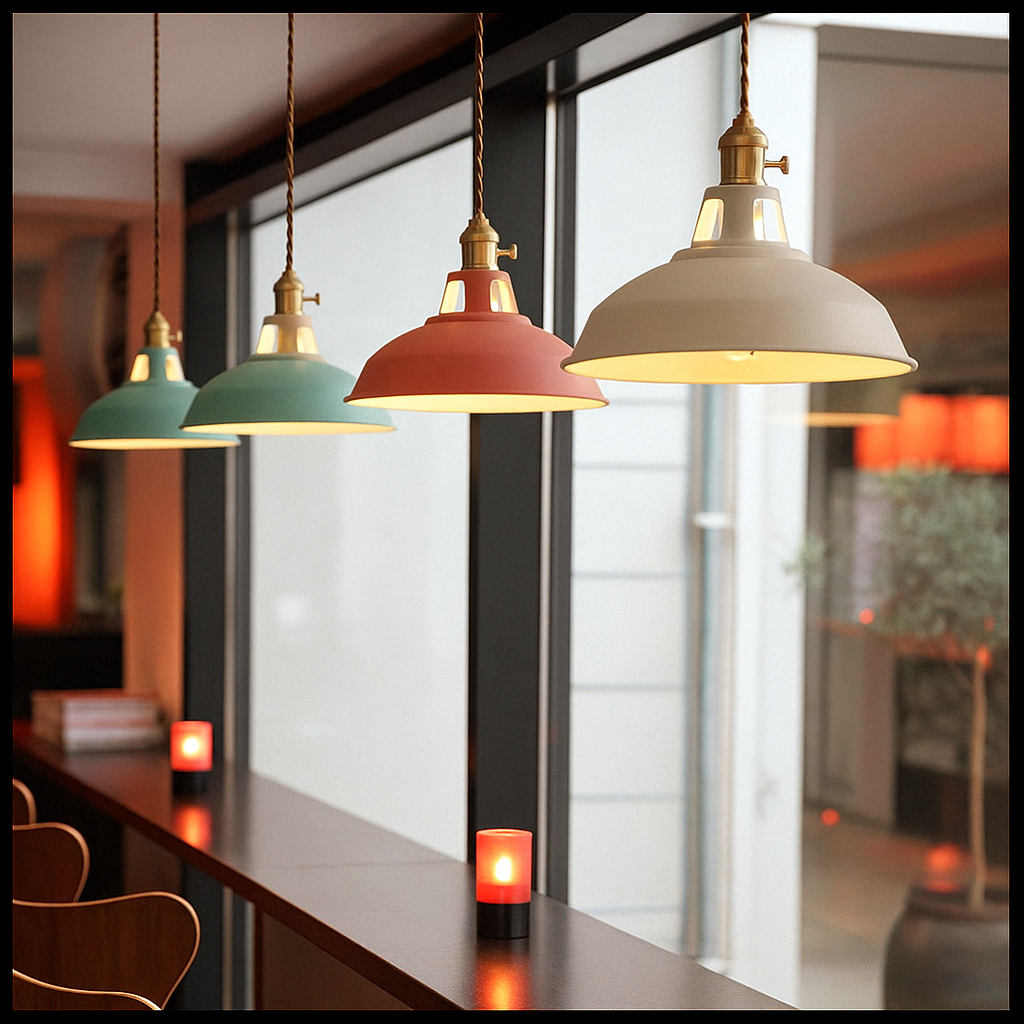 Industrial metal dome pendant light with integrated LED, 1-light, colorful matte finish