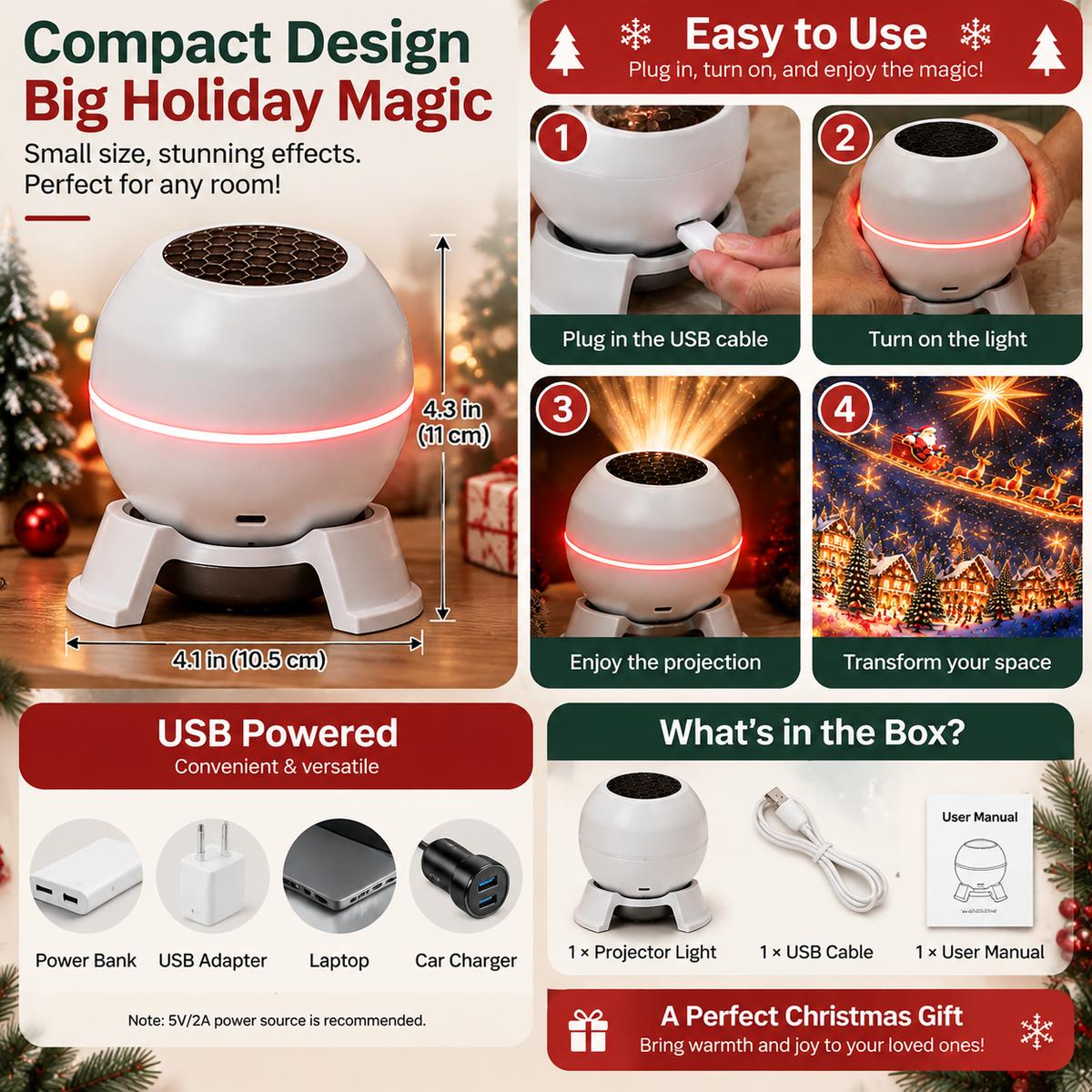 Christmas Light Projector Moving Stars | USB Powered, Indoor, White