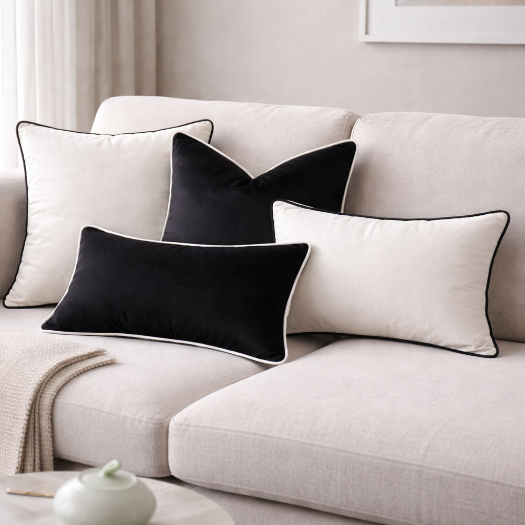Luxury Black and White Velvet Cushion Cover - Piped Modern Decor